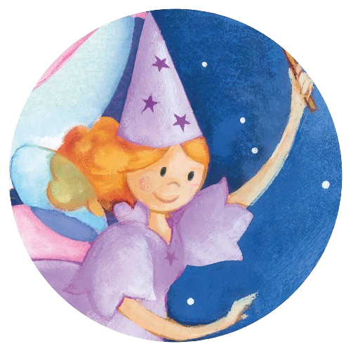 Ilustración de un hada infantil con sombrero puntiagudo y alas, sonriendo y volando en el cielo nocturno.